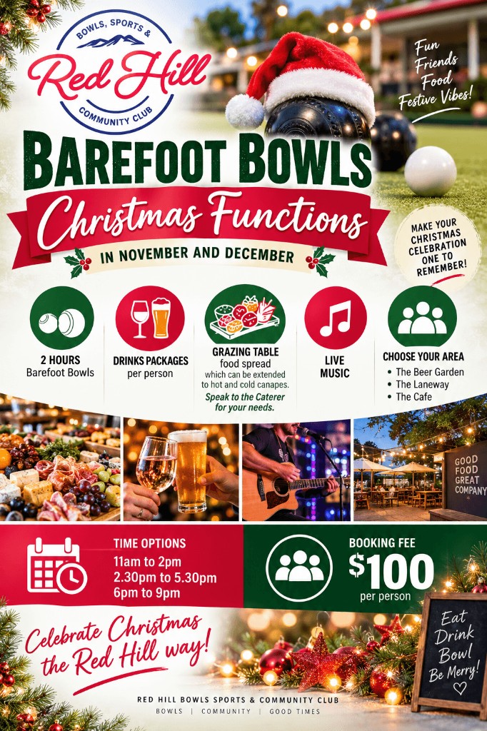Barefoot Bowls Christmas Functions 2026 flyer — packages, times and booking details